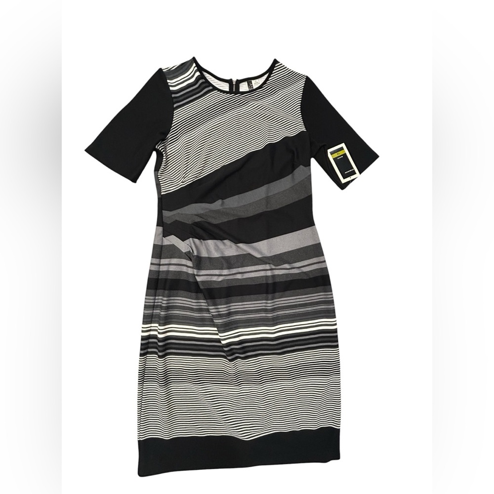 Julian Taylor Black & Gray Striped‎ Midi Dress 14 NWT RN67473